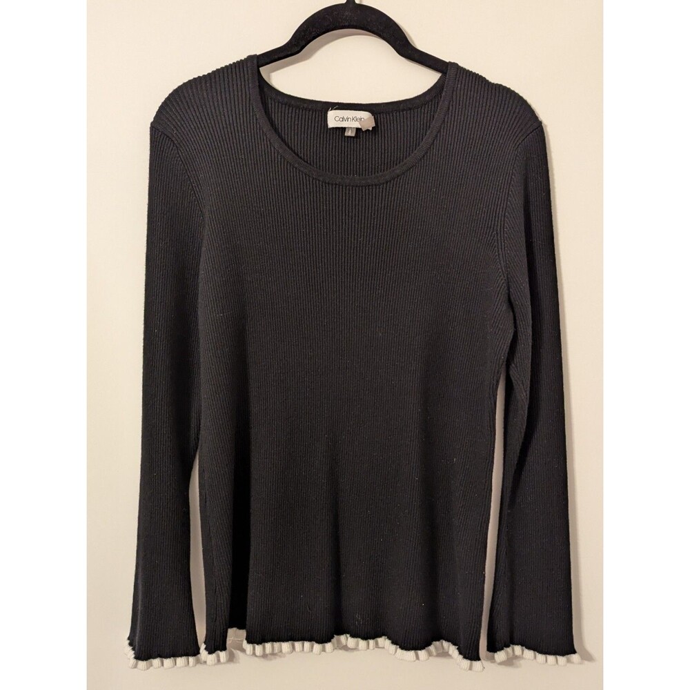 Calvin Klein Women's Sweater Pullover  Ribbed Colorblock Black White Trim Size L